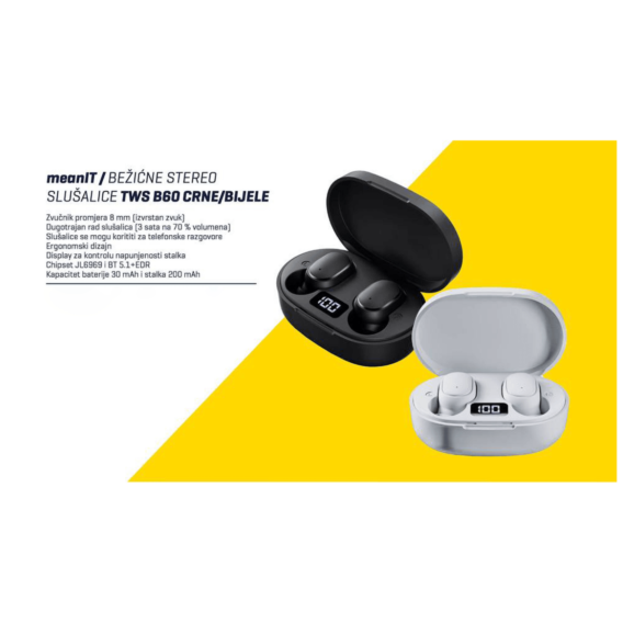 MeanIT Bežične stereo slušalice, Bluetooth v5.1, crne - TWS B60 Black - Image 5