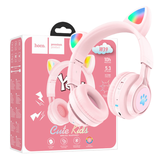 hoco. Bežične stereo slušalice, Bluetooth v5.3, 400mAh - W39 slušalice Mačje uši,Pink