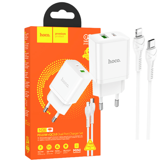 hoco. Punjač kućni sa Lightning kablom, brzi, PD20W, QC3.0 - N28 Founder, tip C-Lightning