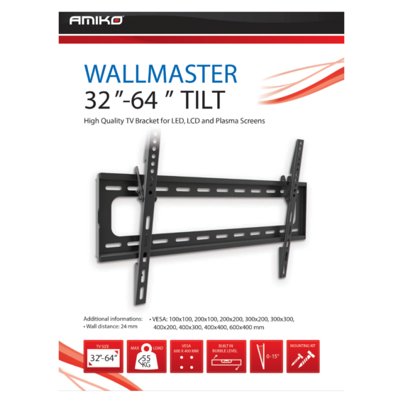 Amiko Nosač zidni  za TV prijemnik 32" - 64", 55 kg, 2D - Wallmaster 32-64 Tilt - Image 2