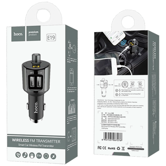 hoco. FM modulator, BT handsfree, 12 V/24 V, 2 x USB 2,4 A - E19 Smart, BT, FM, Charger - Image 2