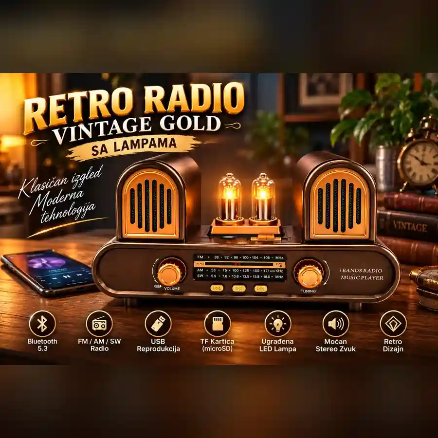 Retro Radio Vintage Gold sa Dekorativnim Lampama - Slika 2